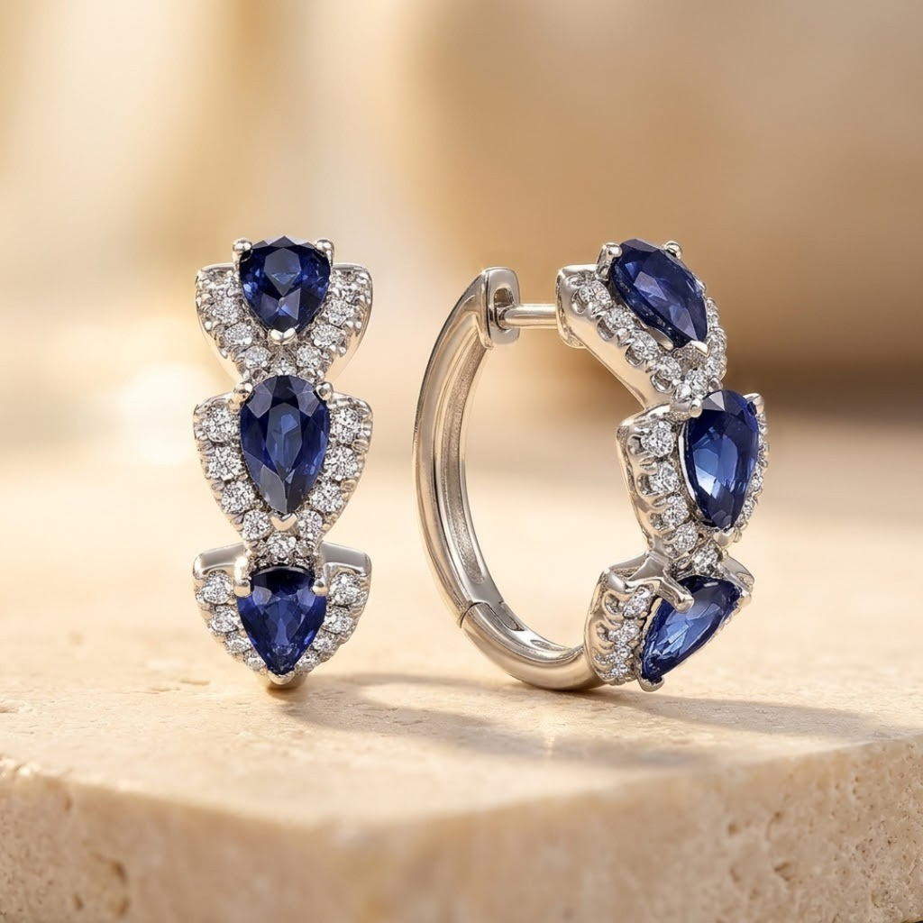 Silver Sapphire Halo Hoop Earrings