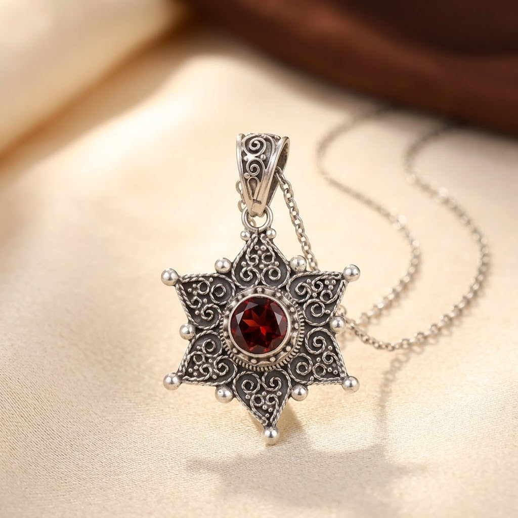 Silver Ruby Star Pendant Necklace