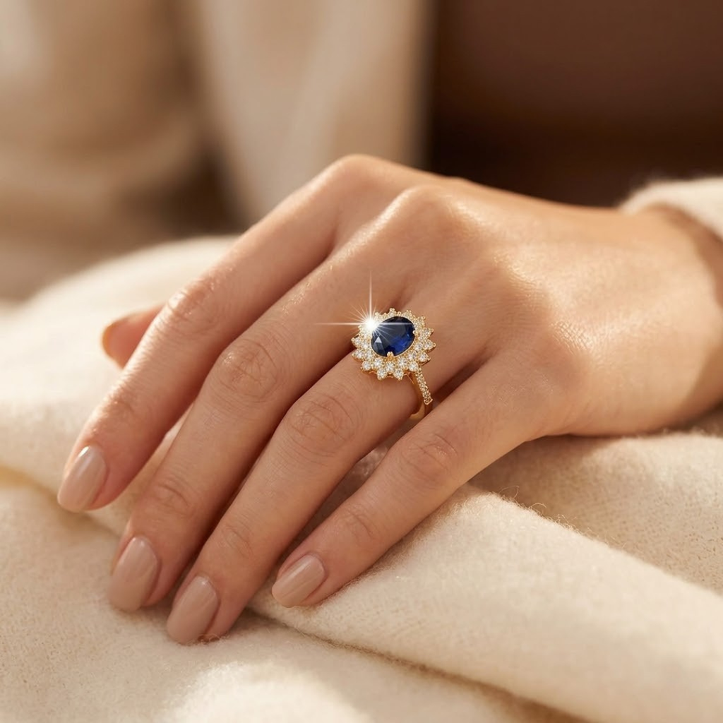 Gold Sapphire Halo Ring