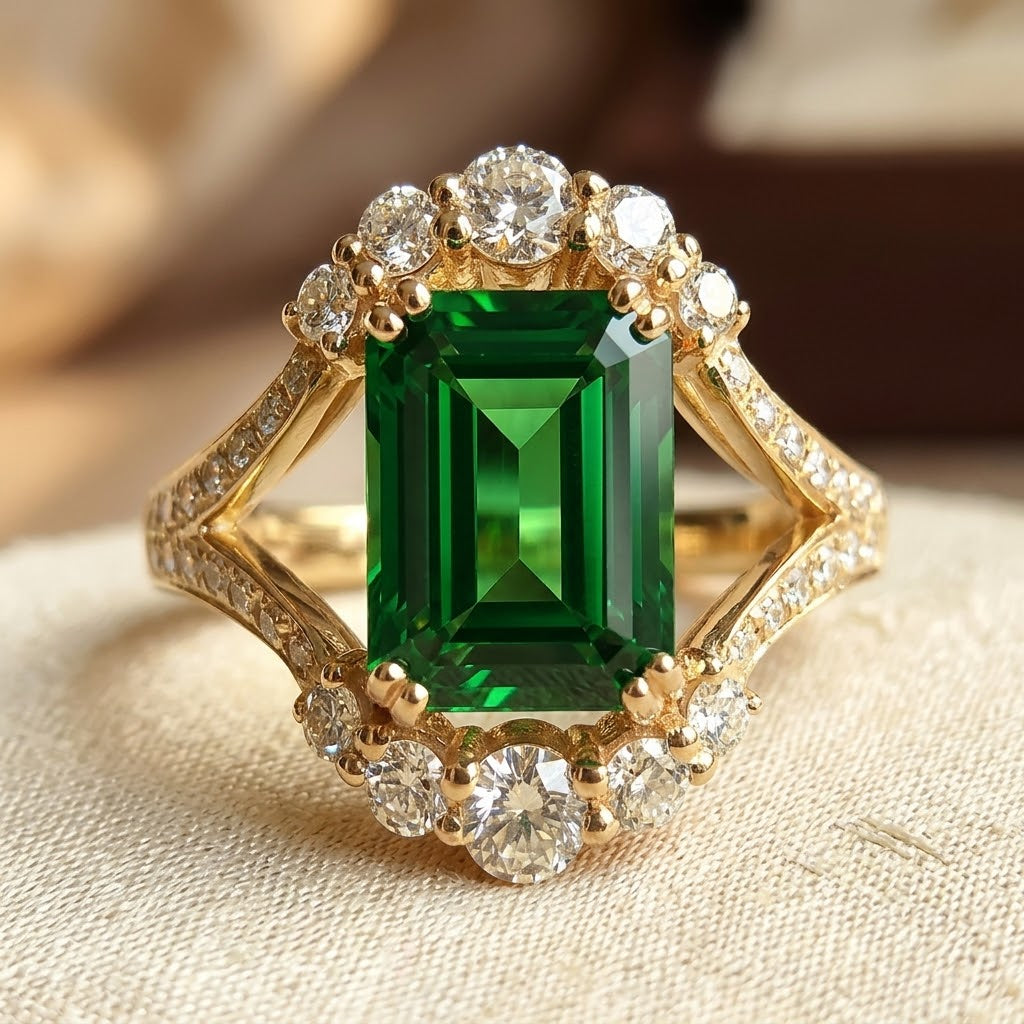 Gold Emerald Halo Ring