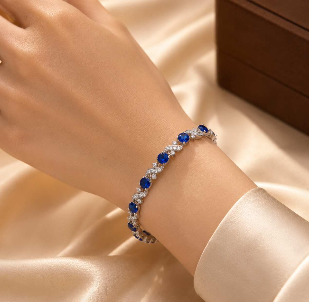 Silver Sapphire Floral Link Bracelet