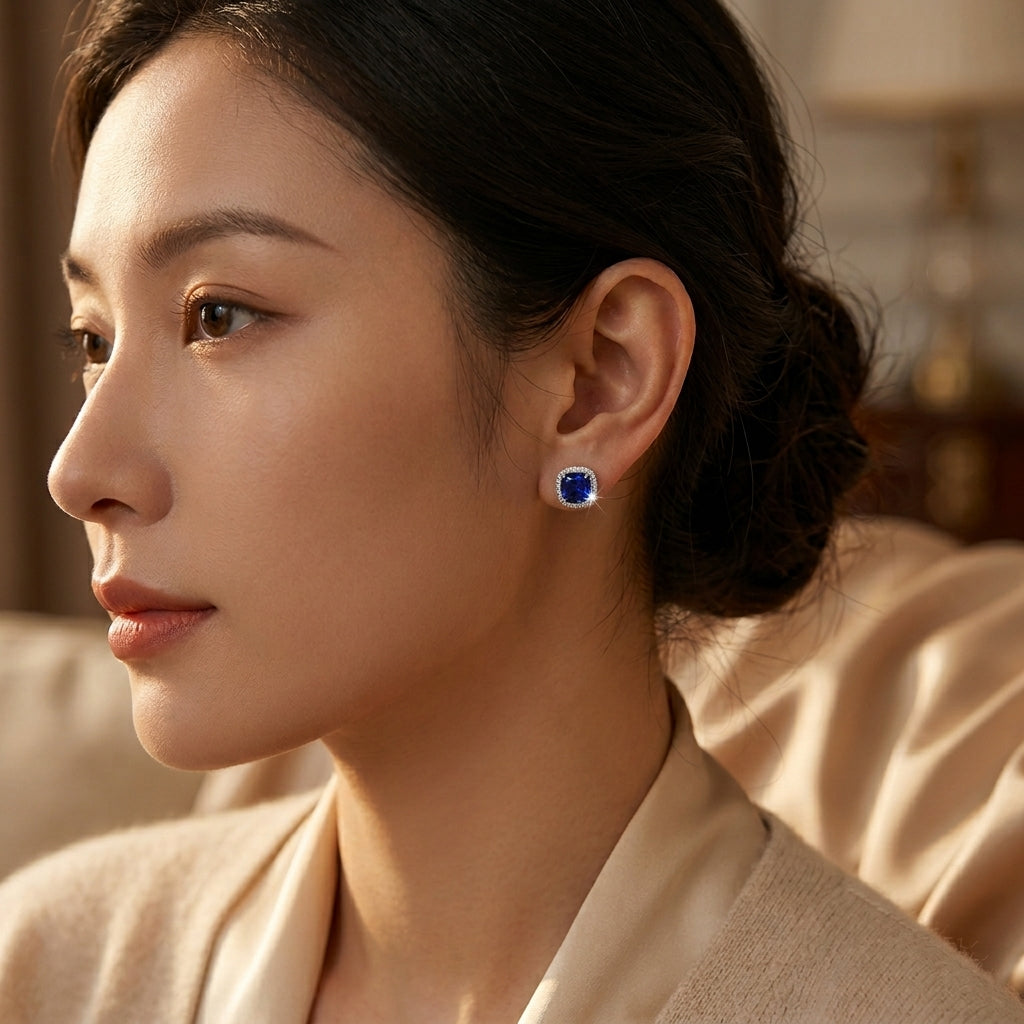 Silver Sapphire Halo Stud Earrings